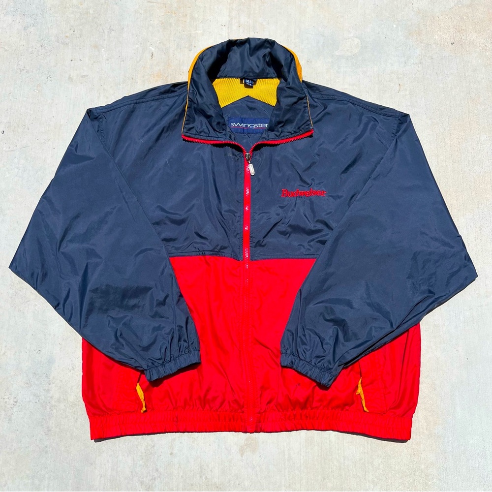 Mens vintage 80s Budweiser beer navy and red zip hooded rain windbreaker jacket